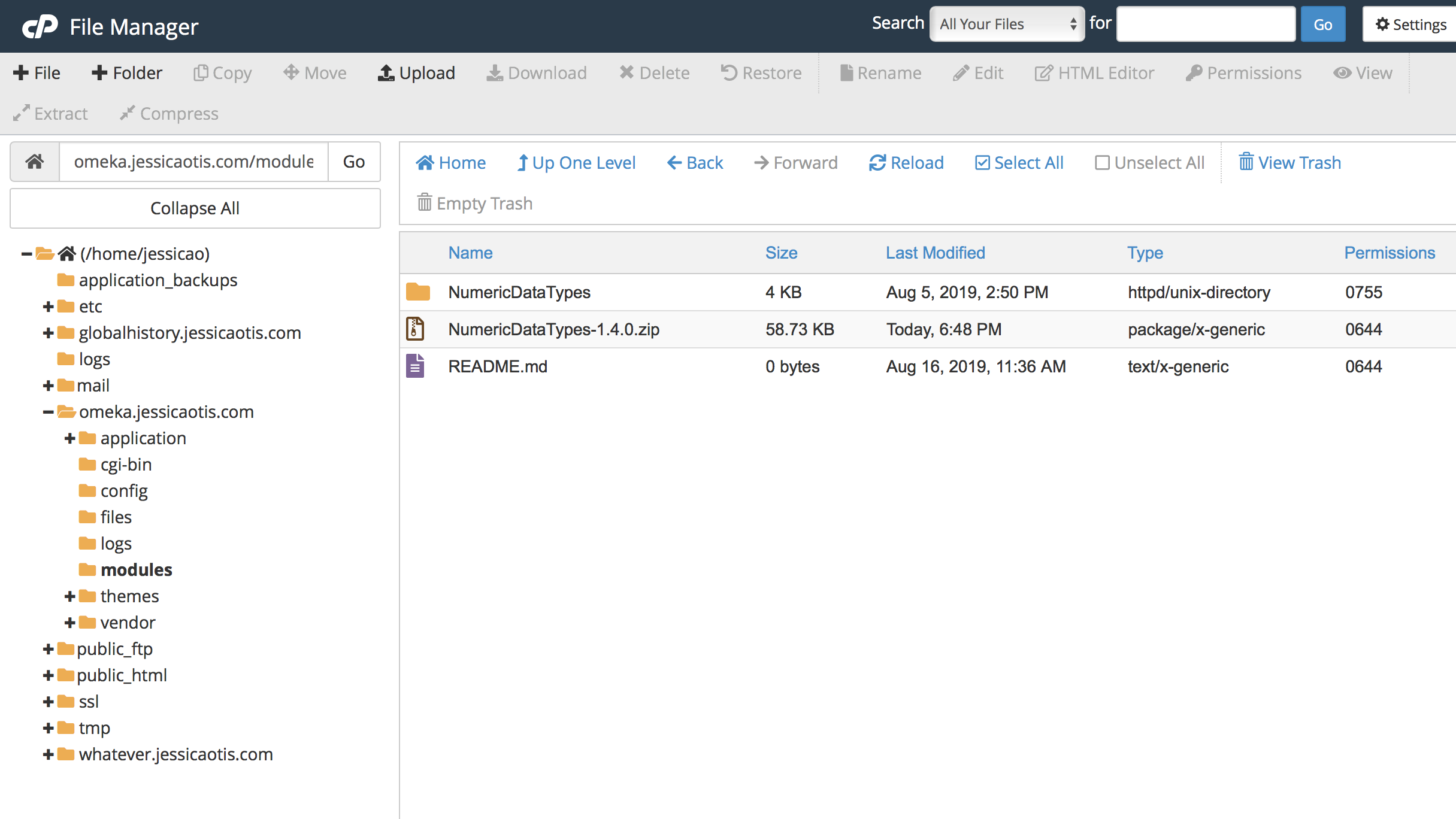 screenshot of Reclaim Hosting file manager system after uploading an Omeka S module