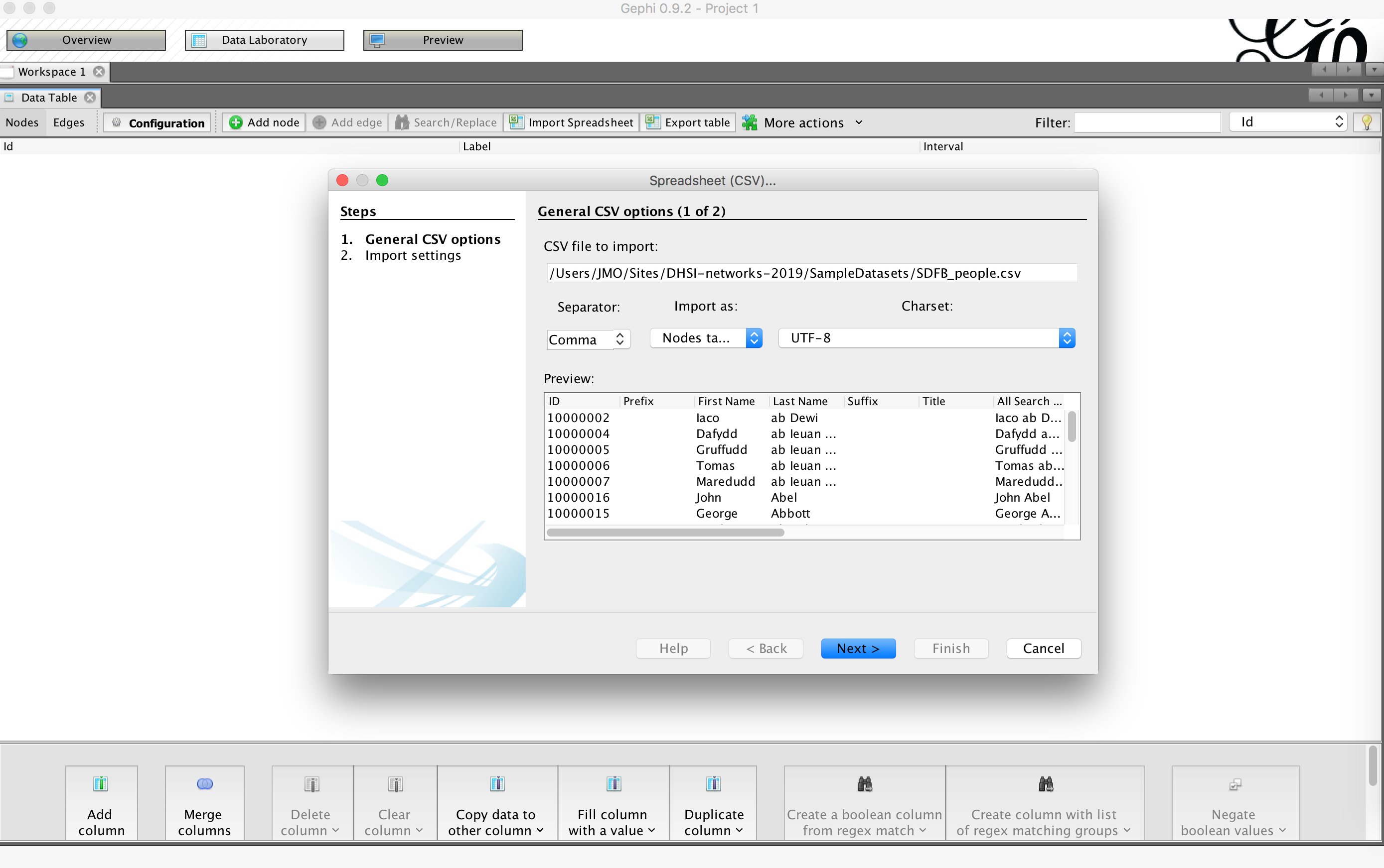 screenshot of gephi node import