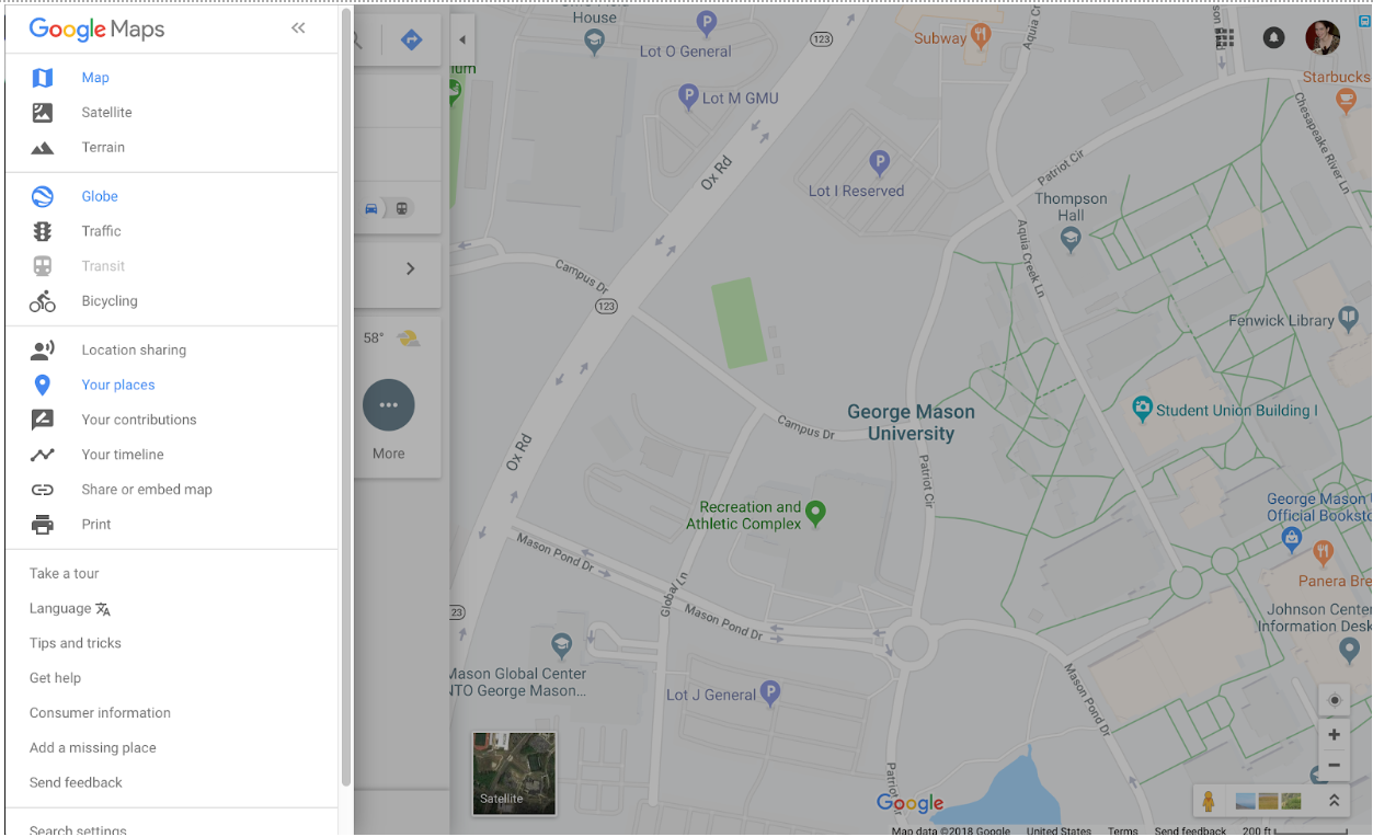 view of Your Places menu item in Google Maps
