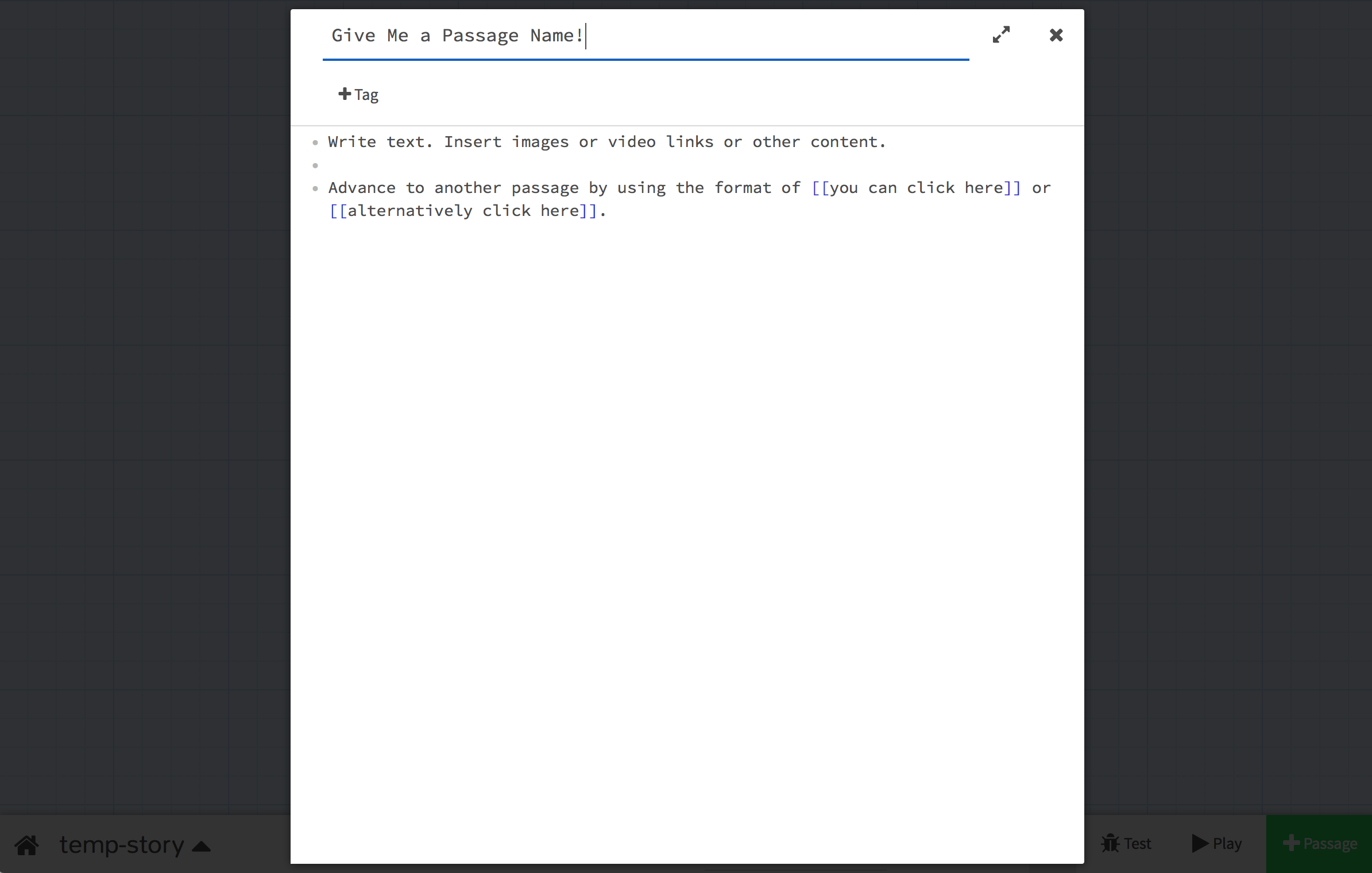 screenshot of a Twine passage being edited