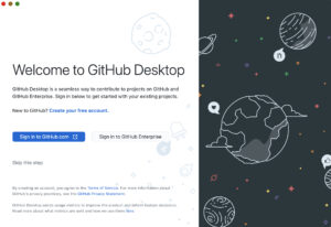 screenshot of GitHub Desktop welcome screen showing prompt to log into or sign up for a GitHub account