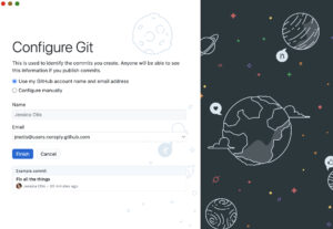 screenshot of GitHub configure git welcome screen, prompting user to set username and email address
