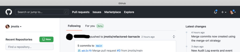 screenshot of GitHub dashboard showing green "new" button on the left