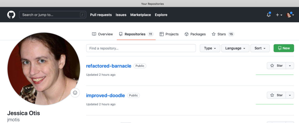 screenshot of GitHub repository list page showing green new button on the right