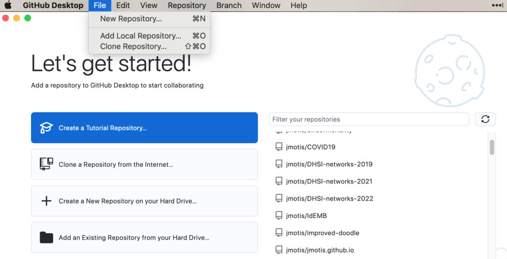 screenshot of the GitHub Desktop dashboard when there are no repositories yet, with file menu opened to show new repository and clone repository options