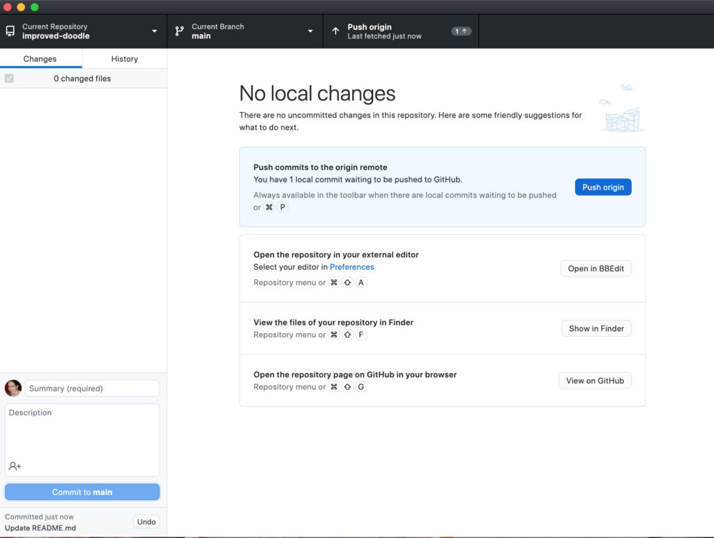 screenshot of GitHub Desktop dashboard showing a committed change that has not yet been pushed to GitHub.com with a blue "push origin" button