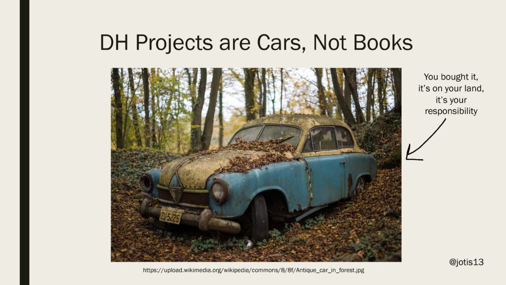 picture of a rusty car in a forest including text declaring "You bought it, it's on your land, it's your responsibility"